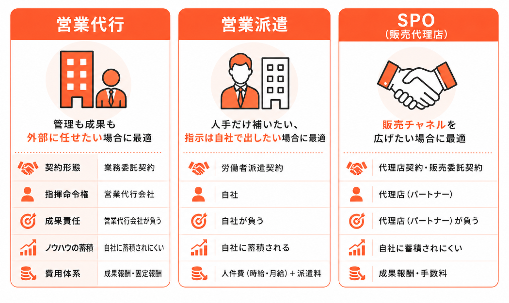 営業代行・営業派遣・SPOとの違い